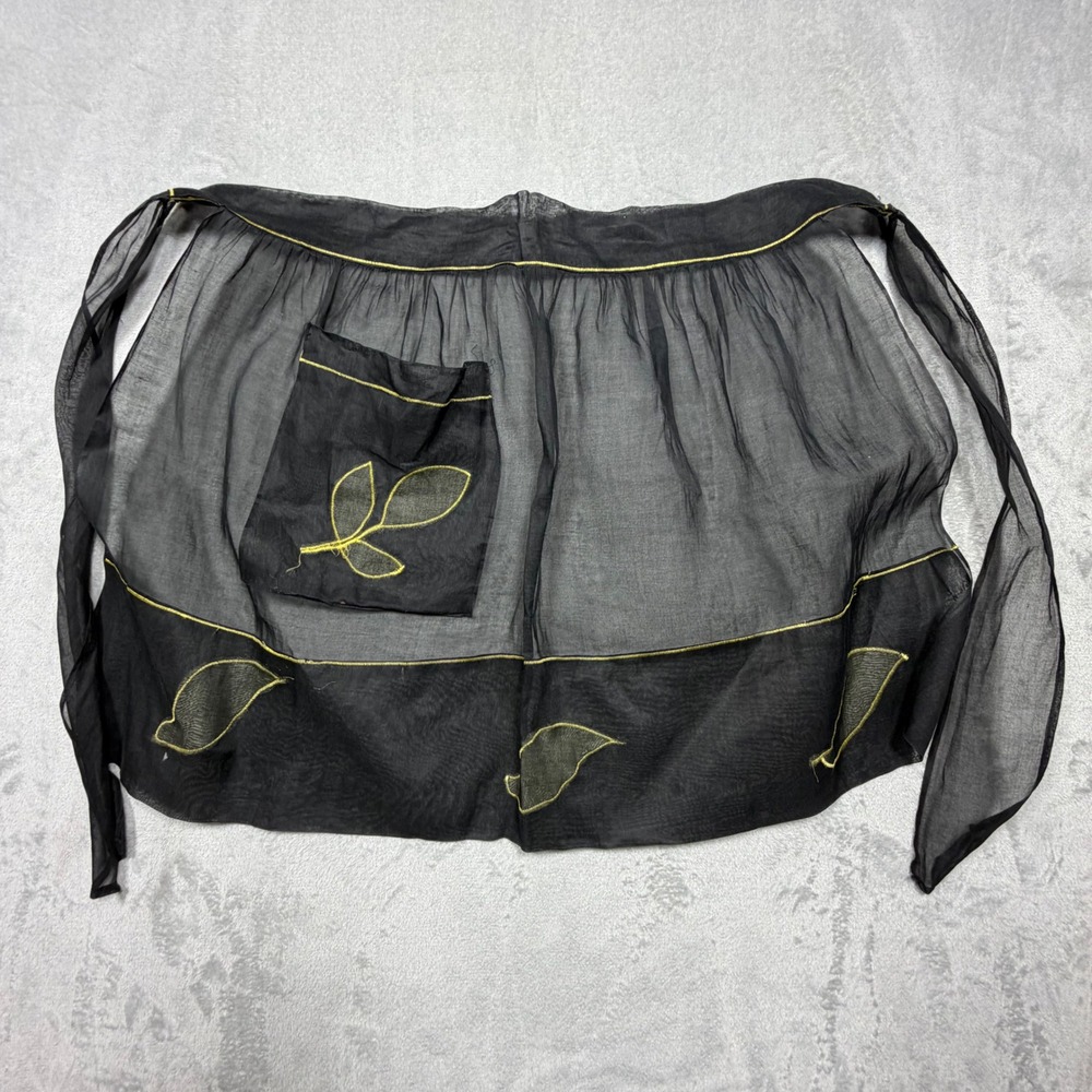 Vintage 1950s Sheer Black Organza Hostess Apron Yellow Embroidered Leaf One Size